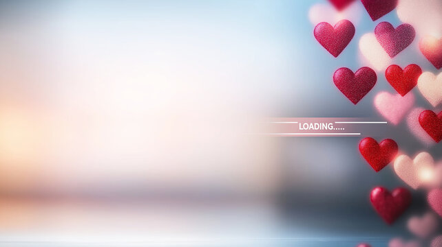 Loading progress bar with floating hearts, representing digital romance and emotional connection in virtual dating landscape