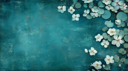 Delicate water flowers on vintage textured teal background with space for text. Charming template for nature, beauty, spa themes