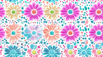 Vibrant seamless pattern with colorful daisies and abstract dots on white background for prints and textiles