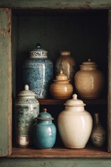 Collected vintage pottery jars displayed in a rustic antique wooden cabinet niche