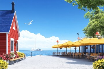 Naklejka premium Seaside Cottage Restaurant Scene - Charming red cottage near oceanfront restaurant with yellow umbrellas, sunny day, sailboat in distance