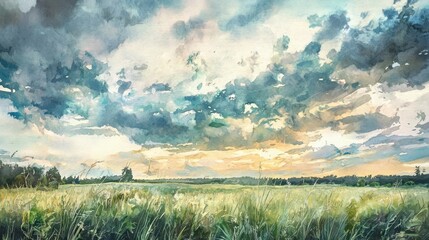 Fototapeta premium A painting of a field with a cloudy sky and a sunset