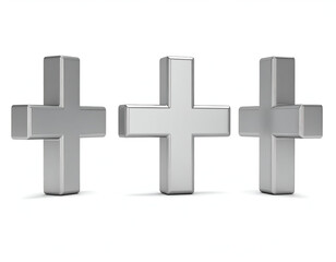 Obraz premium Three Metallic Plus Symbols, Shiny Chrome Crosses, 3D Render, White Background