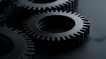 Close-up of several interlocking metal gears on a dark surface.