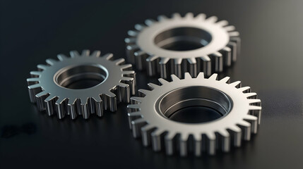 Three metal gears are arranged on a dark reflective surface.