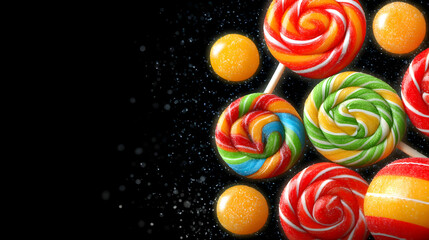 over a black background with high-contrast lighting and floating sugar