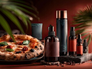 Still life arrangement on a deep red table, featuring a large golden-crusted pizza, two pump dispensers with skincare bottles brown, dark green, smaller clear bottles, and a reddish d - AI-Generated
