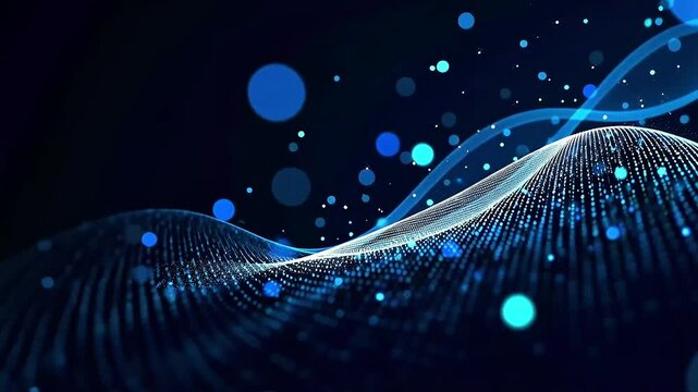 Digital futuristic animation, abstract background with bright wave and glowing floating particles, curve line, banner design, electric pattern and neon lights