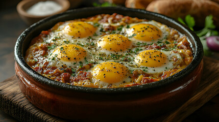 A rustic dish of Huevos a la Flamenca, Flamenco-Style Baked Eggs, with eggs baked in a rich tomato and chorizo sauce, served in a small clay pot