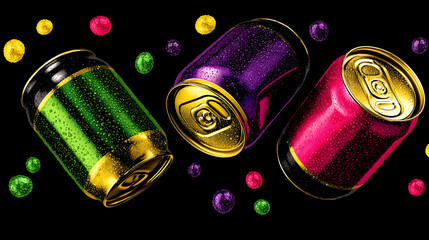 drink splash with floating snack wrappers and glowing droplets