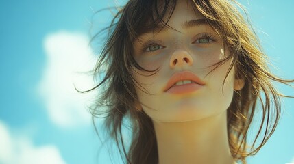 A dreamlike portrait of a person with a soft gaze, the clear blue sky and a vintage tone