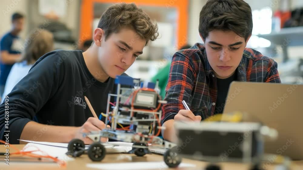 Aufkleber Two focused students collaborate on a robotics project in a bright classroom. They use a laptop and take notes while working on a wheeled robot, surrounded by tools and components.