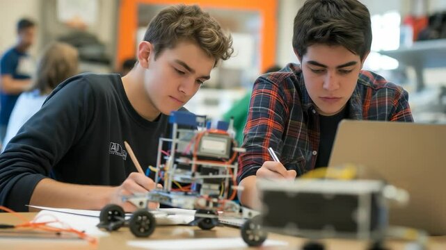 Two focused students collaborate on a robotics project in a bright classroom. They use a laptop and take notes while working on a wheeled robot, surrounded by tools and components.
