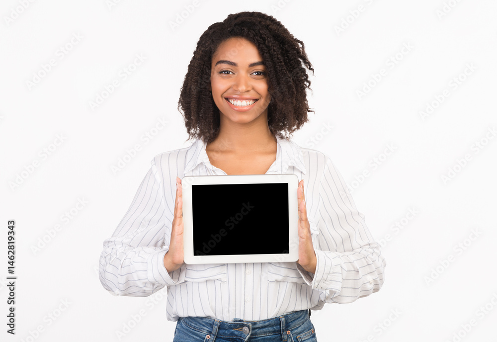 Poster tablet app advertising. black woman showing blank computer screen at studio over white background. e