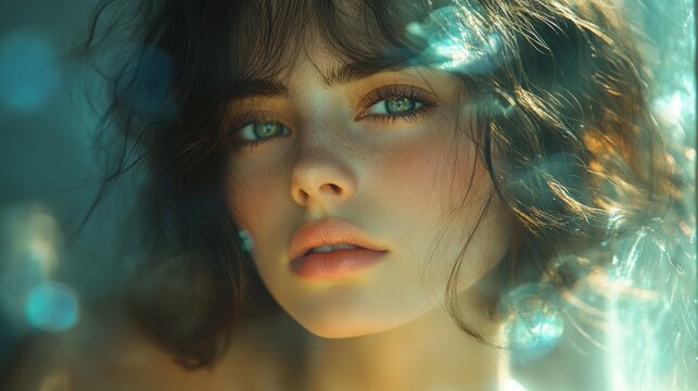 A dreamy, blurred portrait of a girl sitting by a window, her face barely visible as soft natural light filters through. 