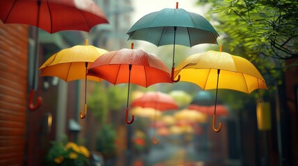 Obraz premium Colorful umbrellas float in a misty alley