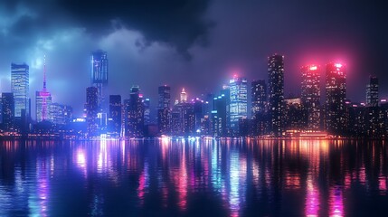Illuminated skyline reflecting in glowing river at night high resolution picture