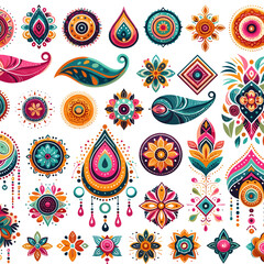Naklejka premium Bindi decoration, Vibrant artistic patterns and designs on white background for creative projects