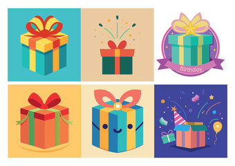 Colorful Happy Birthday Gift Box with Stars and Confetti,  Fun Vector Design, bringing fun and joy to your celebrations. Ideal for digital birthday invitations, greeting cards, and party graphics