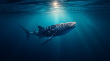 Naklejka premium Whale Shark in Depths: A majestic whale shark gracefully glides through the deep, serene ocean, illuminated by rays of sunlight filtering down from the surface.