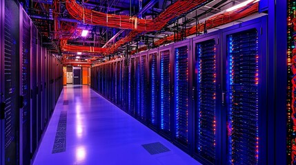 Massive server room with rows of powerful computer racks