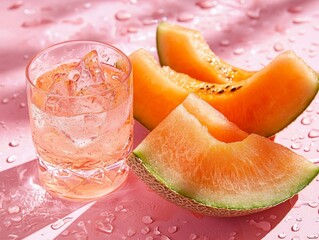 Fresh sliced melon with juice on pink background