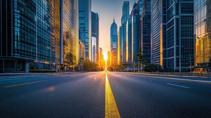 Fototapeta premium Urban avenue at sunrise. Empty road through skyscrapers