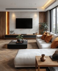 Modern apartment living room, city view, relaxing atmosphere, interior design (2)