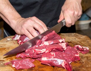 Hands Slicing Fresh Beef on Rustic Butcher&rsquo;s Table in Farm Kitchen