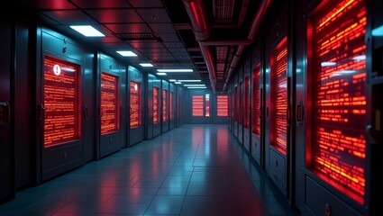 Fototapeta premium Red Warning Screens and Closed Doors – Concept for Critical Digital Infrastructure Threats