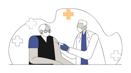 vaccination of the elderly against coronavirus vector illustration of an elderly woman vaccinated by a doctor and a queue of people waiting isolated on background 080525