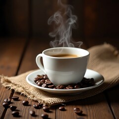a cup of hot coffee with steam rising, surrounded by coffee beans on a wooden surface