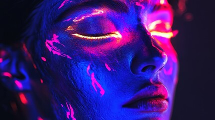 A face partially covered in glowing neon paint, creating a futuristic aesthetic