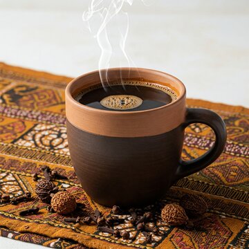  Caf&eacute; Touba Senegalese Spiced Coffee A dark brown coffee served in a ceramic cup, surrounded by Guinea pepper (djar) and cloves. Traditional African textile patterns and rustic setting highlight cultu