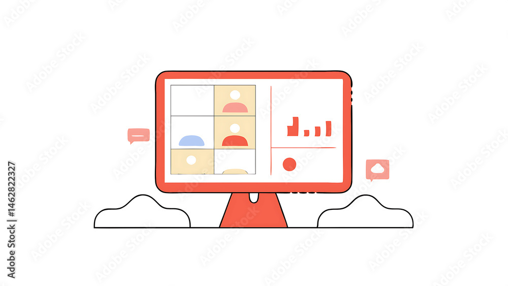 Poster business data concept a large monitor with tabs displaying graphs chats and groups of people studyin