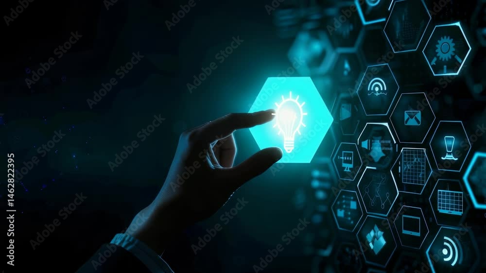 Poster the captures essence innovation. a hand interacts glowing lightbulb icon surrounded various tech sym