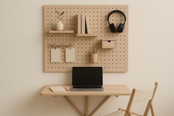 A neutral minimalist workspace with pegboard wall and folding desk
