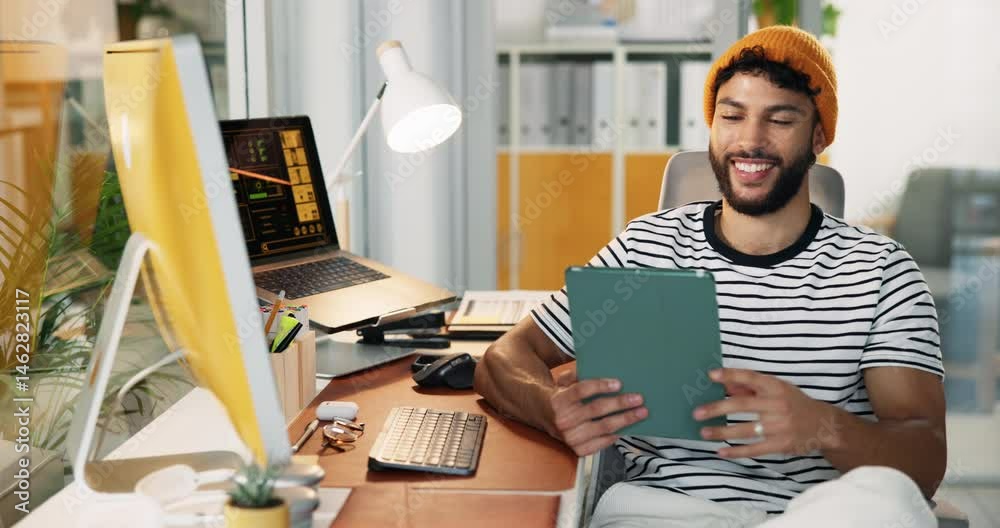 Poster Man, trading and tablet at office with smile, scroll and review for project at startup with stats for web traffic. Person, digital touchscreen and happy with application for charts at creative agency