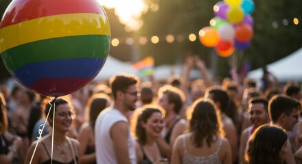 Rainbow striped beach ball floating in the air at an outdoor event with a diverse group of happy people in the background celebrating at a pride parade and summer festival.