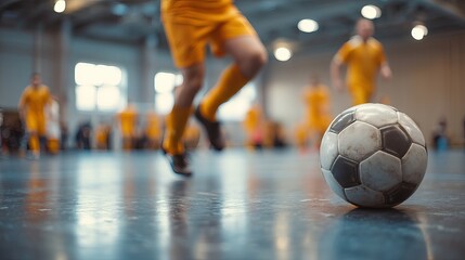 Fototapeta premium Indoor Soccer Action Blurred Player Focus Ball Game Sport Futsal Athletic Competition Training Exercise Fitness Energy Dynamic Movement Fun 