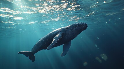 Fototapeta premium Majestic whale in deep ocean. Sunlight streams through the water