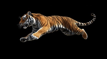 Powerful tiger leaps against black background. Detailed fur and stripes are visible.  A predatory stance
