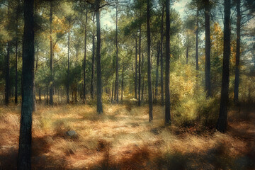 Naklejka premium Serenity in the Pines: An Enchanting Forest Retreat that Invites Tranquility and Connects You with Nature's Serenity and Beauty Amidst Tall, Towering Trees and Rustic Earthy Aromas