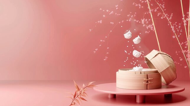 3D banner of rice dumplings falling into bamboo steamer for Duanwu Festival