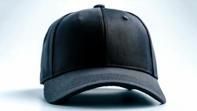 Close-up studio shot showcases a dark-colored, blank baseball cap on a bright background, offering a minimalist style.