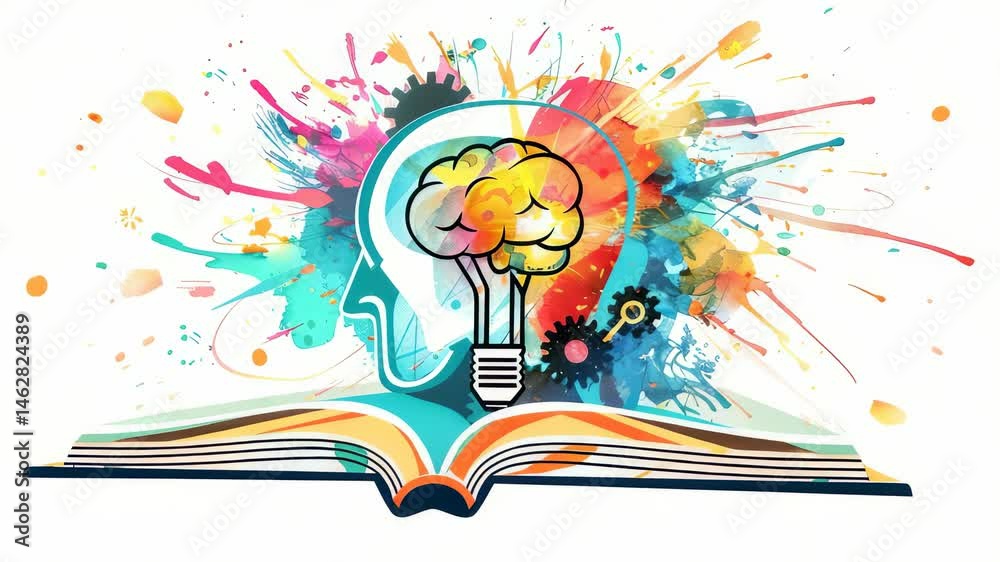 Aufkleber Conceptual image of an open book with a profile outline of a head filled with a colorful brain-shaped lightbulb. Gears and paint splashes add to the creative and innovative theme.