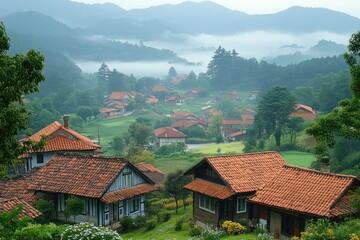 Obraz premium A tranquil village nestled amongst hills with houses and greenery