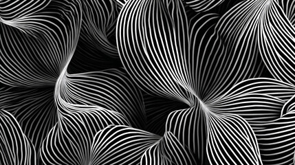 Abstract black and white image featuring curved lines creating a floral like arrangement of shapes