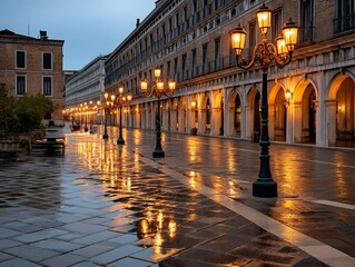 Naklejka premium Venetian Reflections Lanterns illuminate a rainslicked street