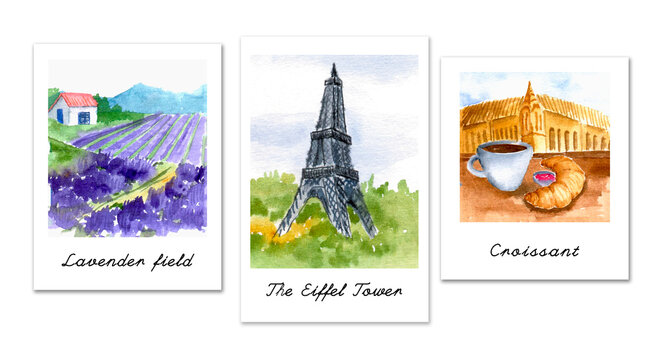 watercolor illustration of polaroid framed france photos, three places eiffel tower, lavender field, caffee, travel places, memories, isolated on white